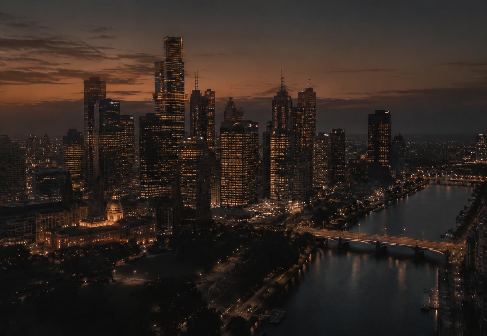 Aerial view of an Australian business district at dusk
