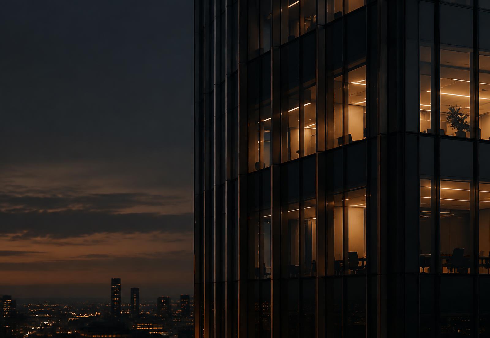 Illuminated office tower facade at dusk